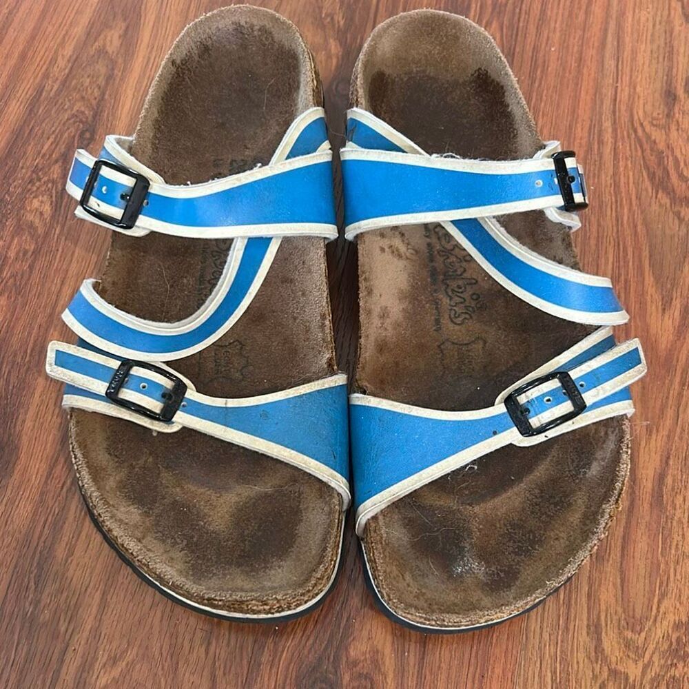 Birkenstock sandals, Bork's Salina blue and white striped sandal size 39 8 US